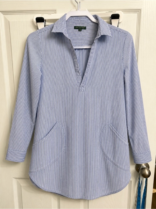 For Cynthia Tops - For Cynthia Blue White Striped Linen Blend Popover Tunic Shirt Small Coastal